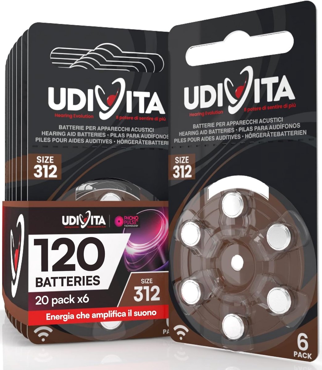 SnelShoppen - 120 Hoortoestel Batterijen Udivita Maat 312 - Geluidsfusion Technologie - 20 Blisters met 6 Batterijen - Zink Lucht - 1.45V - 180 mAh -