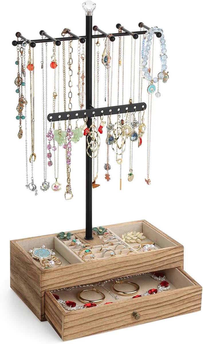 SnelShoppen - Elegante Houten Sieradenstandaard - Basic Opbergdoos voor Sieraden - Gemaakt van Gebrand Hout - Perfect voor Dresser en Sieradenverzamel