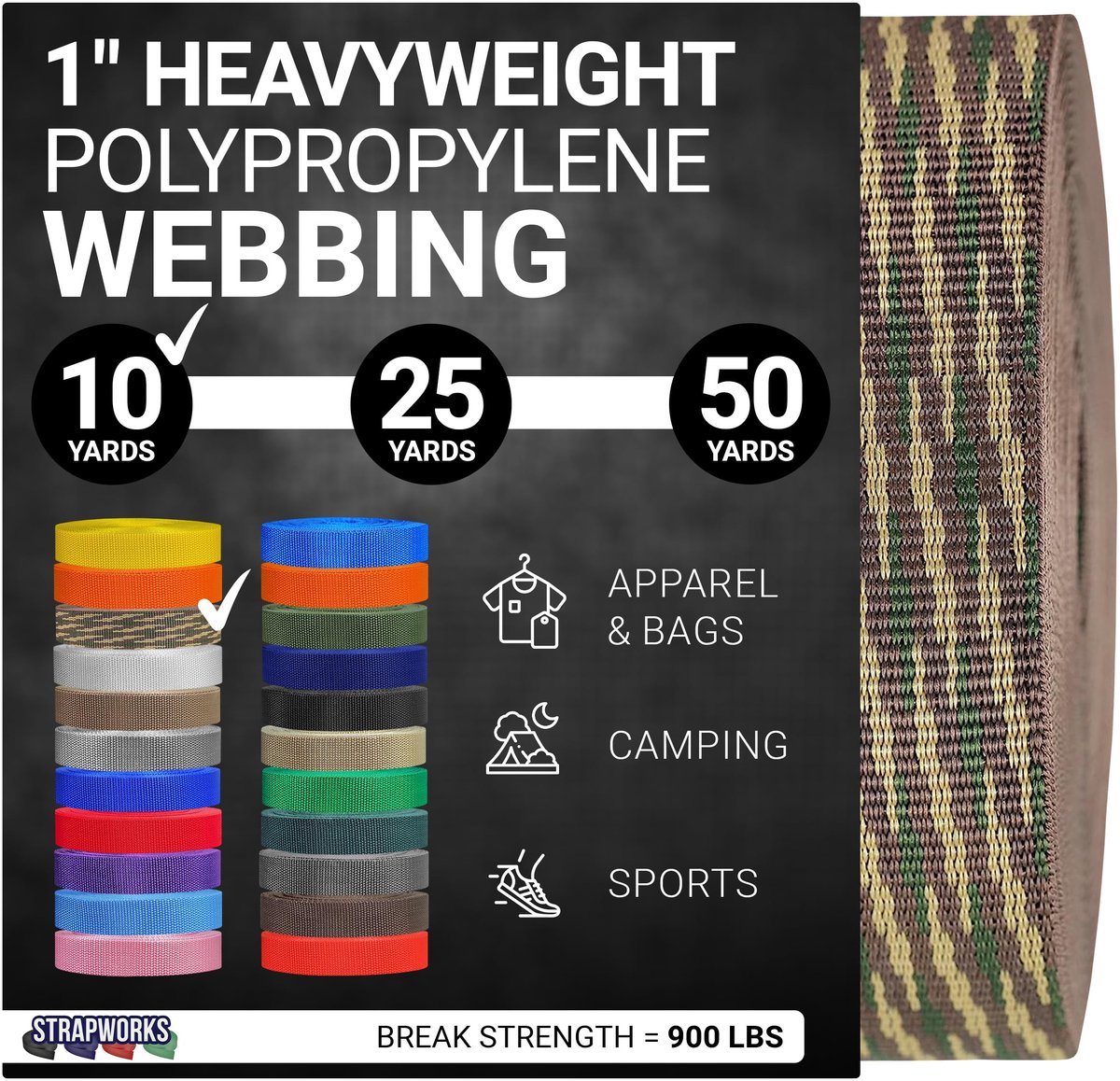 SnelShoppen - Zware polypropyleen spanband 2,5 cm x 9 m, sterke polyband voor doe-het-zelf, outdoor, woodland camo, multifunctioneel en duurzaam
