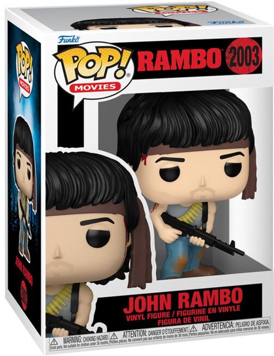 Funko Pop! John Rambo figuur in verpakking, met donker haar, bandana en machinegeweer.