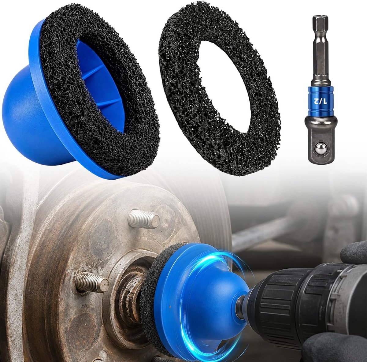 4-delige wielnaafborstel set voor effectieve velgenreiniging, binnendiameter 90 mm, buitendiameter 150 mm, inclusief slijpschijven en dopsleuteladapter voor optimaal resultaat