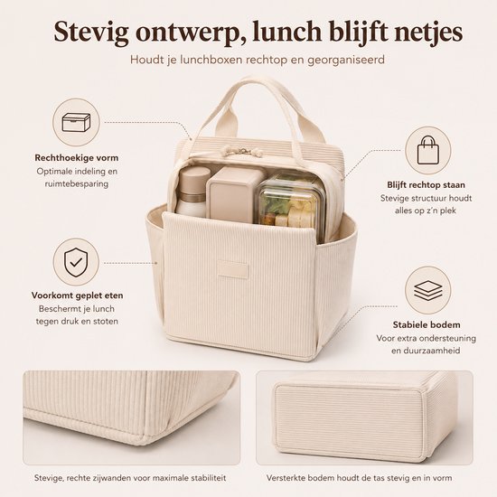 Bobypet - Geïsoleerde Koeltas Dames Beige - Stijlvolle Ribfluweel Lunchtas 13.5 Liter met Katoenen Handvatten - Grote Lekvrije Thermotas voor Werk, Kantoor, Picknick en Reizen — afbeelding 5