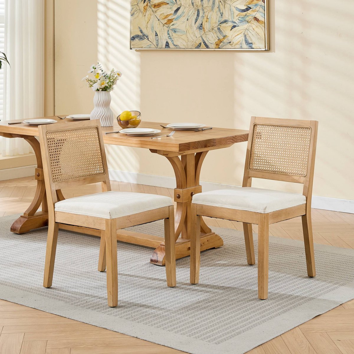 Clruro Eetkamerstoelen 2 Stuks - Kunstrotan Rug met S-Veren - Massief Hout en Linnen - Beige