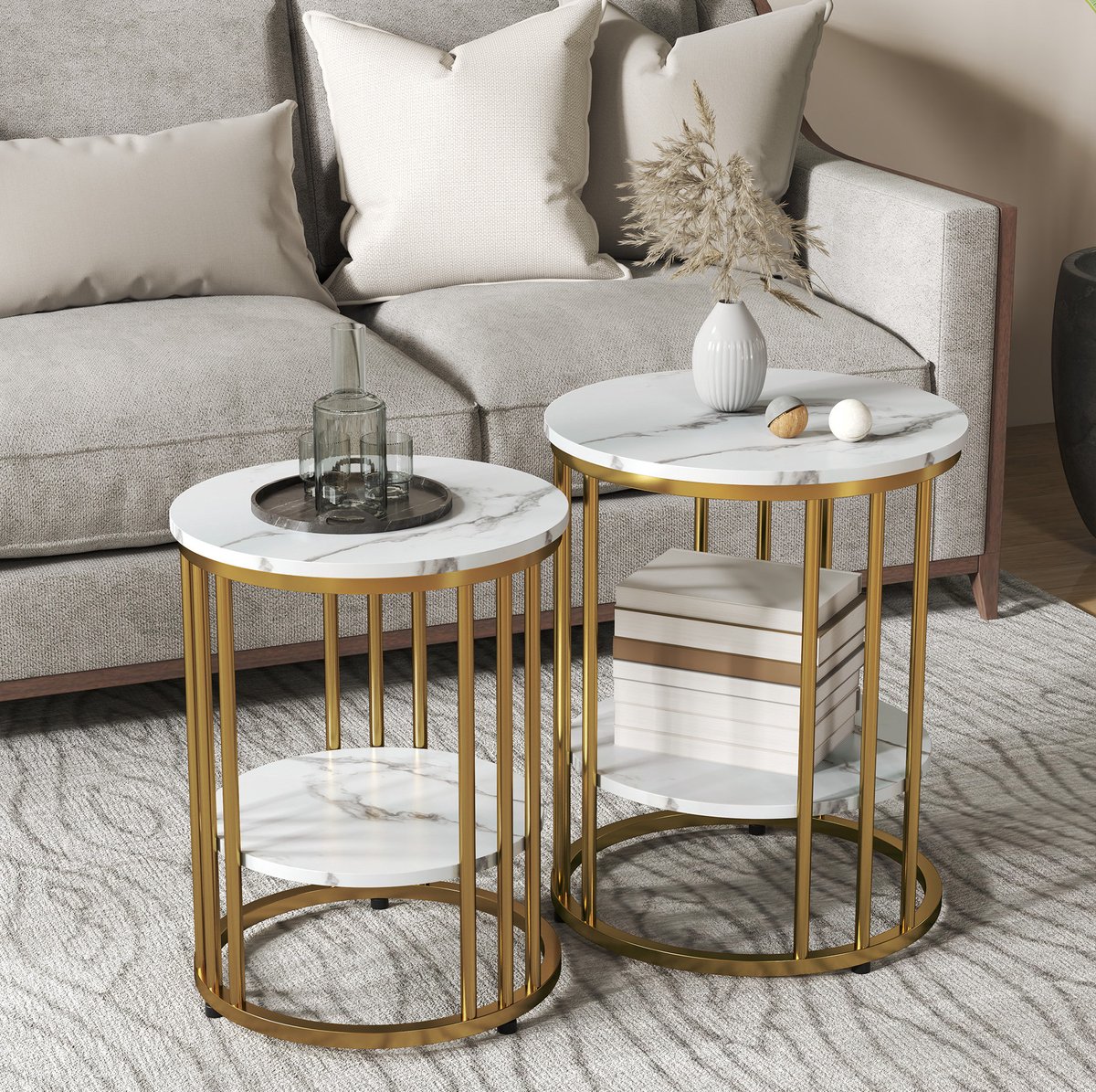 MIVRAY Bijzettafel Set Van 2 - Rond Marmereffect Met Gouden Metalen Frame En Legplank - Voor Woonkamer En Slaapkamer - Wit - 45 Cm