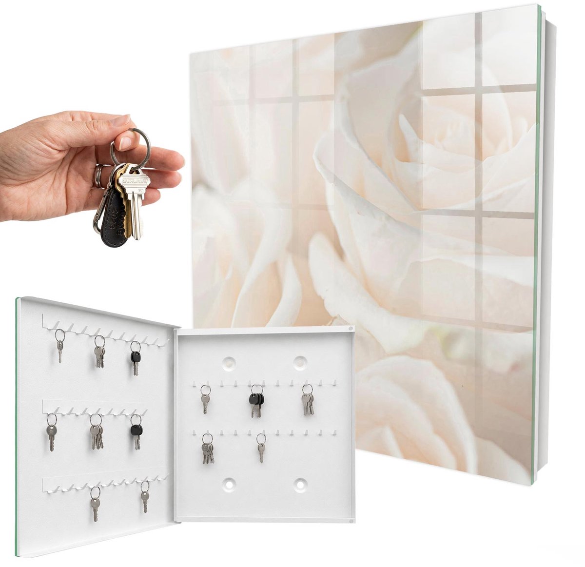 WallMuralia - Sleutelkast - 30x30x5 cm - met 50 haken - Crème Rozen Leuk Sleutelkastje - Romig Sleutelbox - Linksopenend - Wit interieur