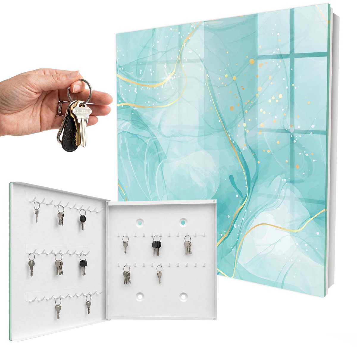 WallMuralia - Sleutelkast - 30x30x5 cm - met 50 haken - Turquoise Elegantie Sleutelkastje Gang - Turkoois Sleutelbox - Linksopenend - Wit interieur