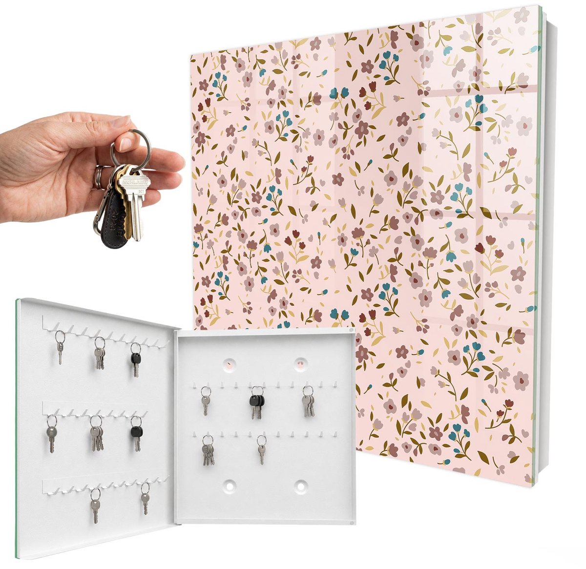 WallMuralia - Sleutelkast - 30x30x5 cm - met 50 haken - Bloemenpatroon Sleutelkastje - Roze Sleutelbox - Linksopenend - Wit interieur