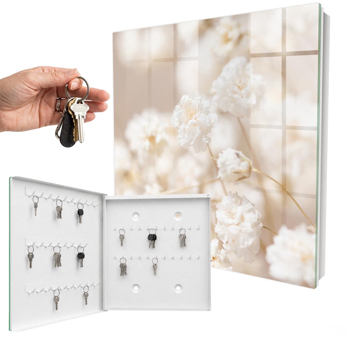 WallMuralia - Sleutelkast - 30x30x5 cm - met 50 haken - Heldere Bloemen Sleutelkastje Muur - Beige Sleutelbox - Linksopenend - Wit interieur