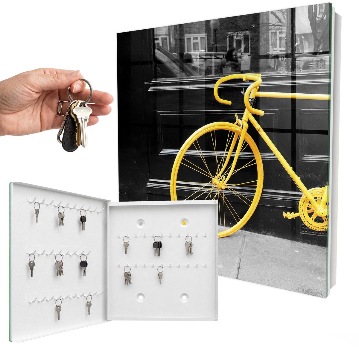 WallMuralia - Sleutelkast - 30x30x5 cm - met 50 haken - Gele Fiets Sleutelkastje - Geel Sleutelbox - Linksopenend - Wit interieur
