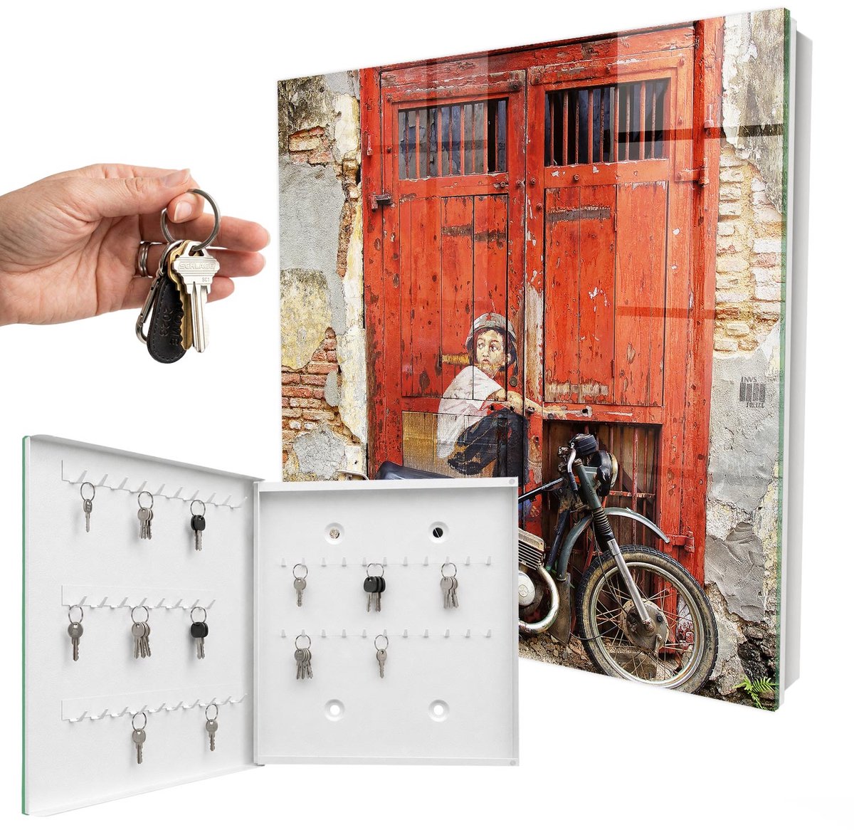 WallMuralia - Sleutelkast - 30x30x5 cm - met 50 haken - Straatkunst Sleutelkastje Muur - Rood Sleutelbox - Linksopenend - Wit interieur