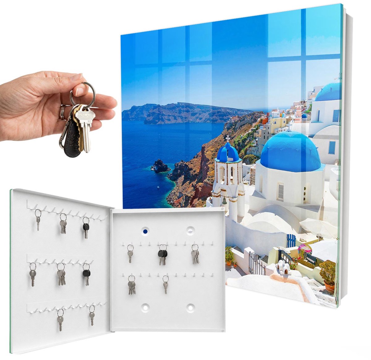 WallMuralia - Sleutelkast - 30x30x5 cm - met 50 haken - Grieks Eiland Sleutelkastje Voor Binnen - Blauw Sleutelbox - Linksopenend - Wit interieur