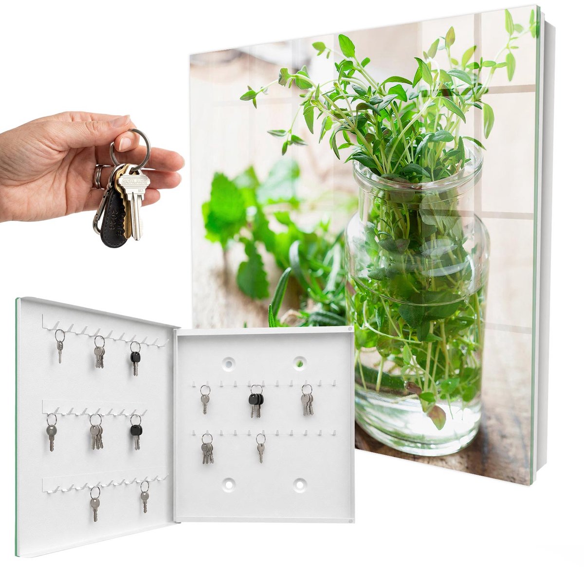 WallMuralia - Sleutelkast - 30x30x5 cm - met 50 haken - Groene Kruiden Design Sleutelkastje - Groente Sleutelbox - Linksopenend - Wit interieur