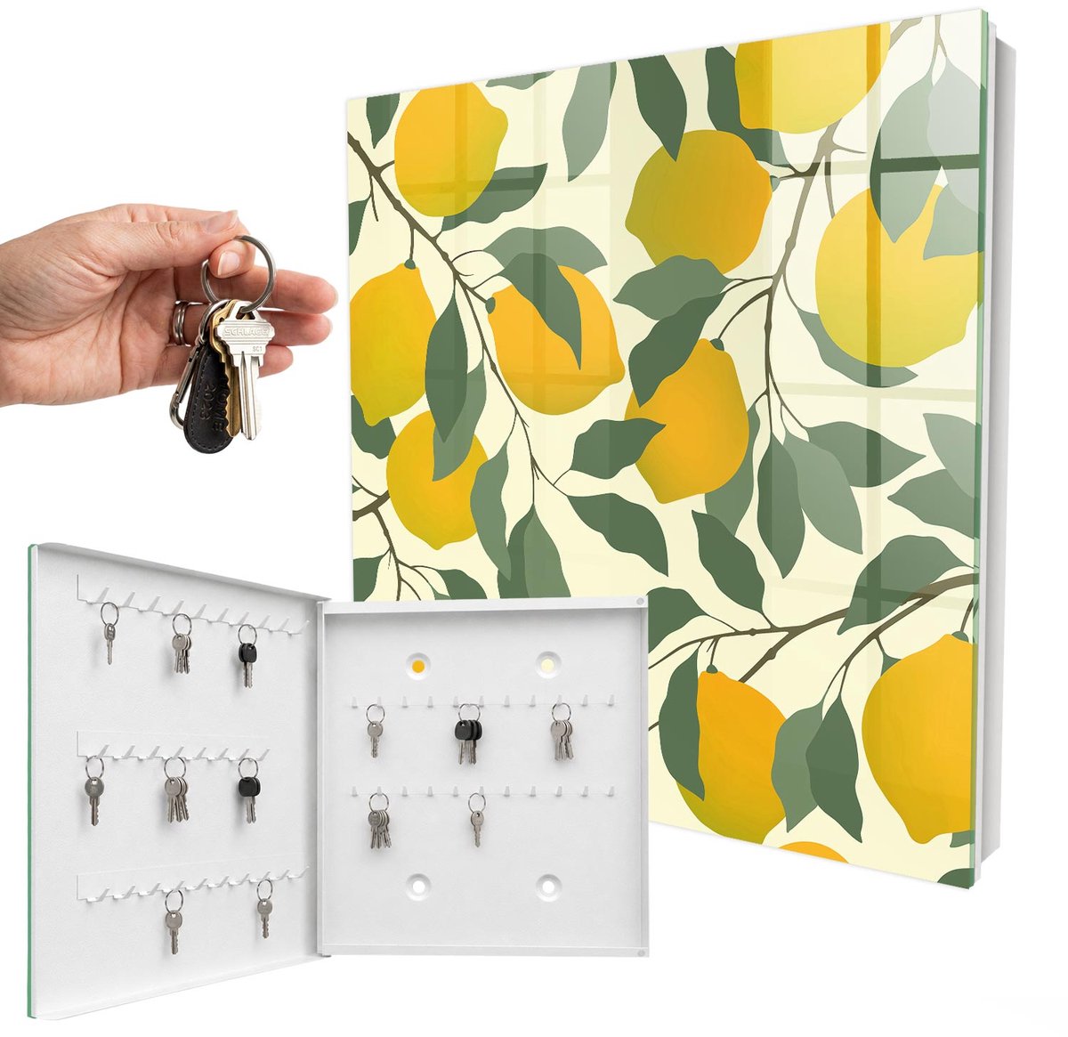 WallMuralia - Sleutelkast - 30x30x5 cm - met 50 haken - Sappige Citroenen Leuk Sleutelkastje - Geel Sleutelbox - Linksopenend - Wit interieur