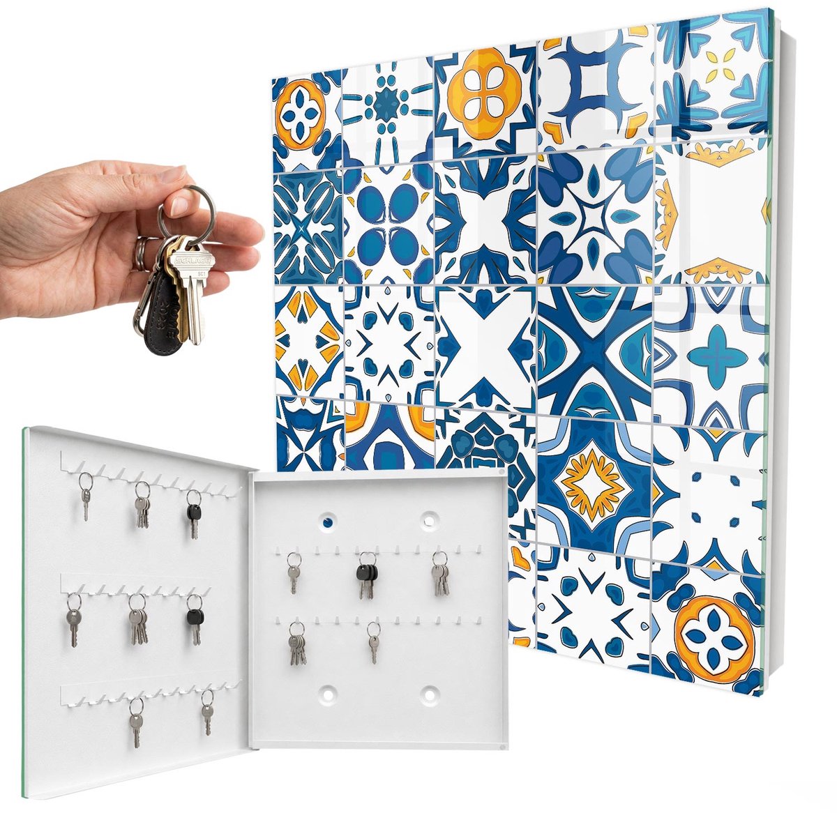 WallMuralia - Sleutelkast - 30x30x5 cm - met 50 haken - Geometrische Patronen Sleutelkastje Muur - Blauw Sleutelbox - Linksopenend - Wit interieur