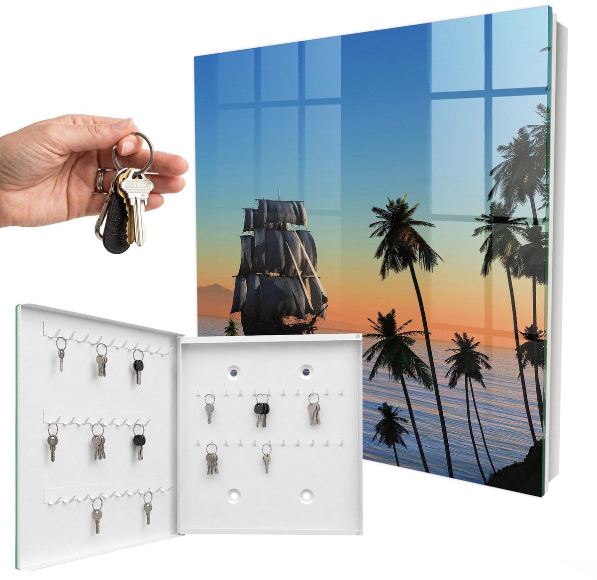 WallMuralia - Sleutelkast - 30x30x5 cm - met 50 haken - Zeilschip Sleutelkastje Klein - Blauw Sleutelbox - Linksopenend - Wit interieur