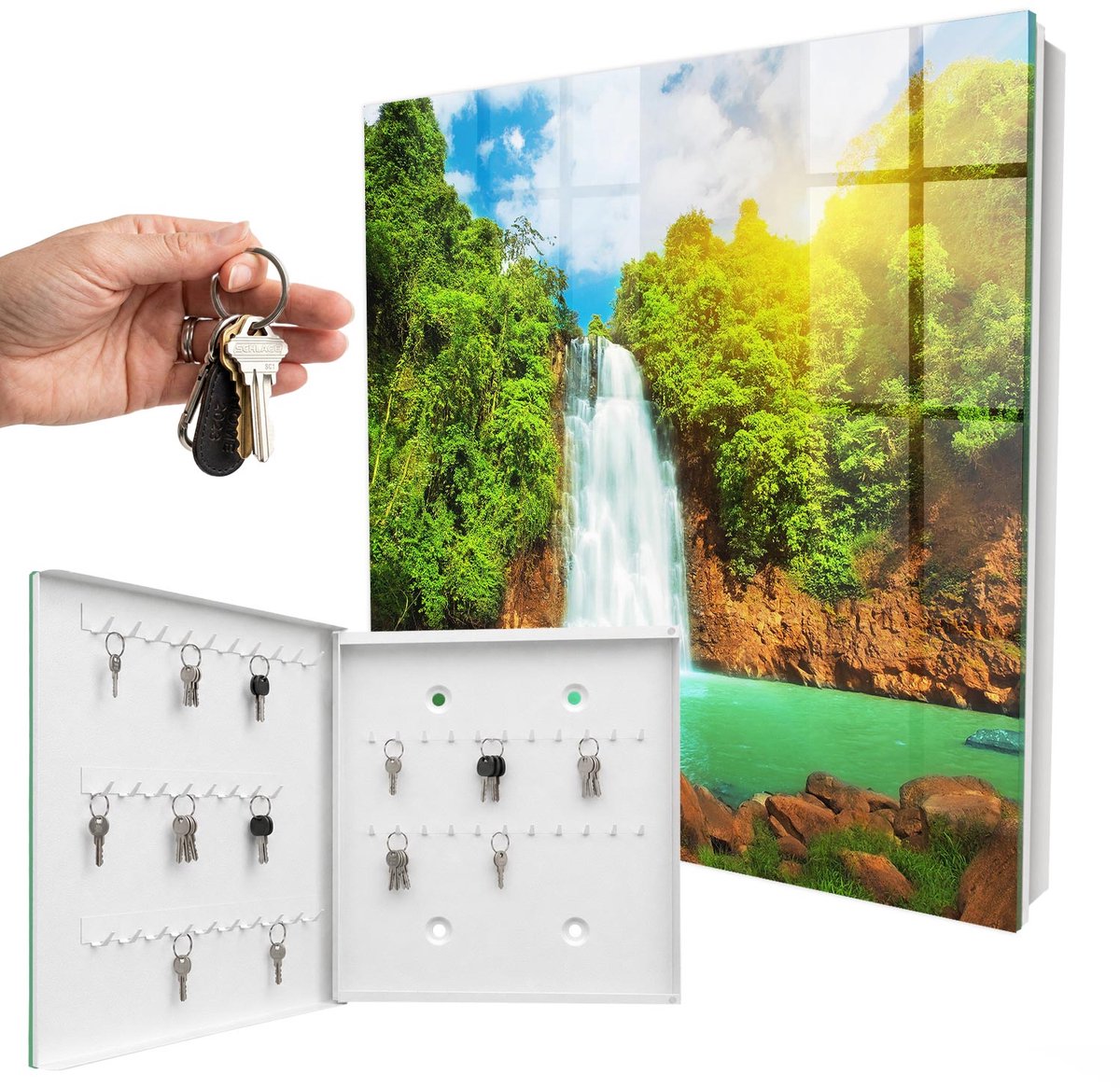 WallMuralia - Sleutelkast - 30x30x5 cm - met 50 haken - Tropische Waterval Sleutelkastje Design - Groente Sleutelbox - Linksopenend - Wit interieur