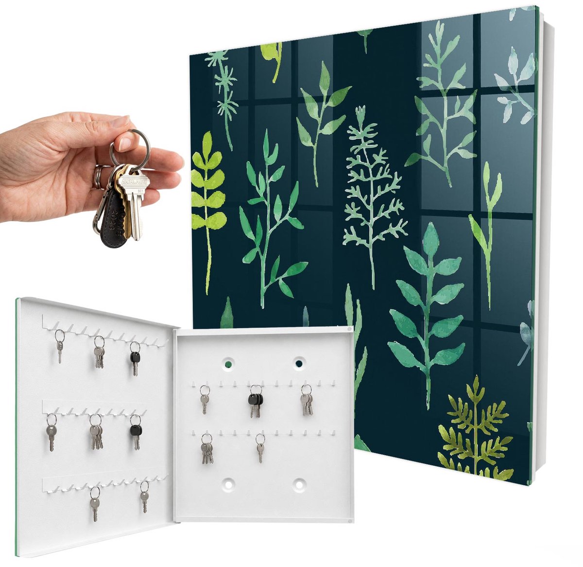WallMuralia - Sleutelkast - 30x30x5 cm - met 50 haken - Aquarelbladeren Design Sleutelkastje - Groente Sleutelbox - Linksopenend - Wit interieur
