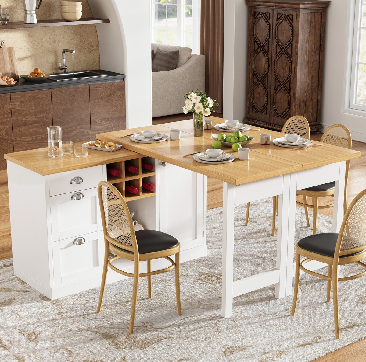 Tafel Uitrekbare Bartafel Met Opbergruimte 120-197 Cm MDF Wit Keukeneiland Met Wijnrek En Lade