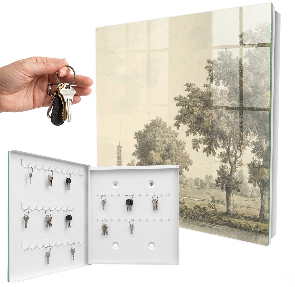 WallMuralia - Sleutelkast - 30x30x5 cm - met 50 haken - Park Met Een Pagode Leuk Sleutelkastje - Groente Sleutelbox - Linksopenend - Wit interieur