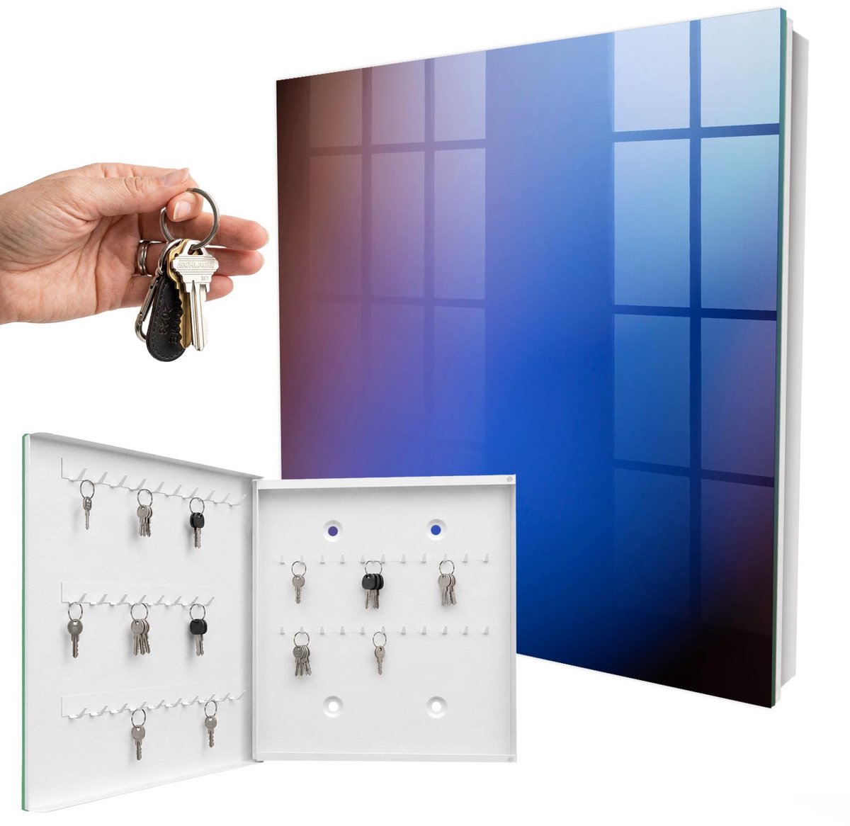 WallMuralia - Sleutelkast - 30x30x5 cm - met 50 haken - Kleurrijke Abstractie Sleutelkastje Klein - Blauw Sleutelbox - Linksopenend - Wit interieur