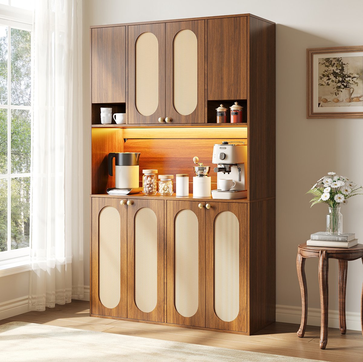 MIVRAY Buffetkast - Hoge Opbergkast Met Ledverlichting En PE-Rattan - Voor Eetkamer Woonkamer En Hal - MDF - 106x40x178 Cm - Naturaal