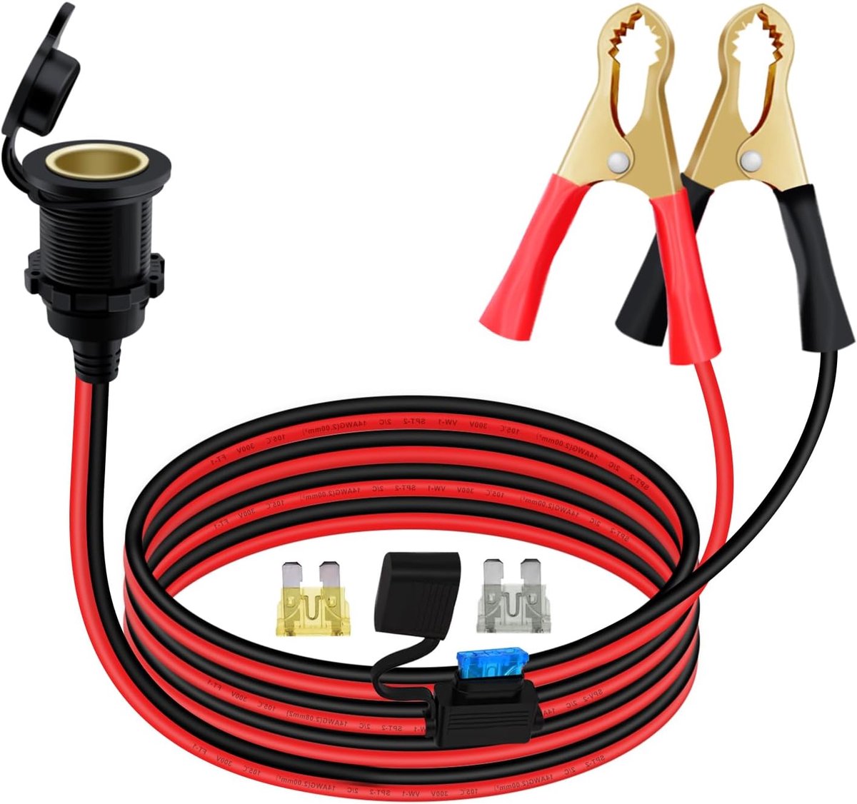Sigarettenaansteker Krokodil Clips Sigarettenaansteker Socket naar Batterij Clip 12V 24V 14AWG 20A met zekering van toepassing op motorfietsen, auto's, vrachtwagens, schepen (2 m)