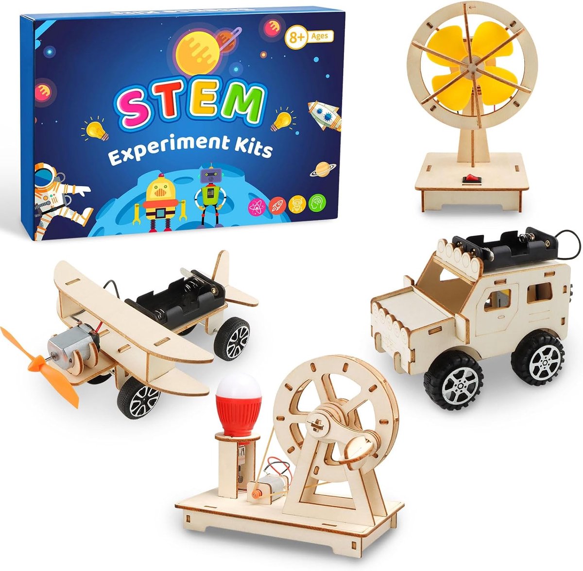 4 stuks experimenten voor kinderen vanaf 8, 9, 10, 11, 12, elektronische bouwdoos, doe-het-zelf STEM-speelgoed, hout, wetenschapsbouwset, 3D-puzzel, gebouw, experimenteerdoos, cadeau vanaf 8