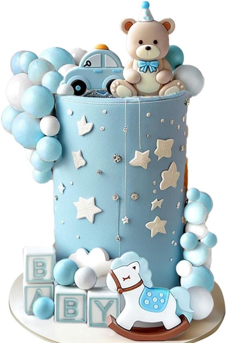 Blauwe Beer Taartdecoratie Gouden Ballen Berenkaart Babyshower Blauwe
