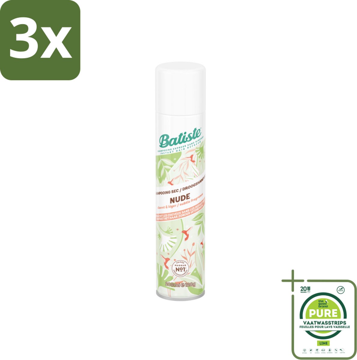 3 x Batiste - Nude - Droogshampoo - Frisse Look - Volume en Textuur - 200ml - Grootverpakking - Droogshampoo - Batiste - Nude - Fris Haar - Natuurlijke Droogshampoo