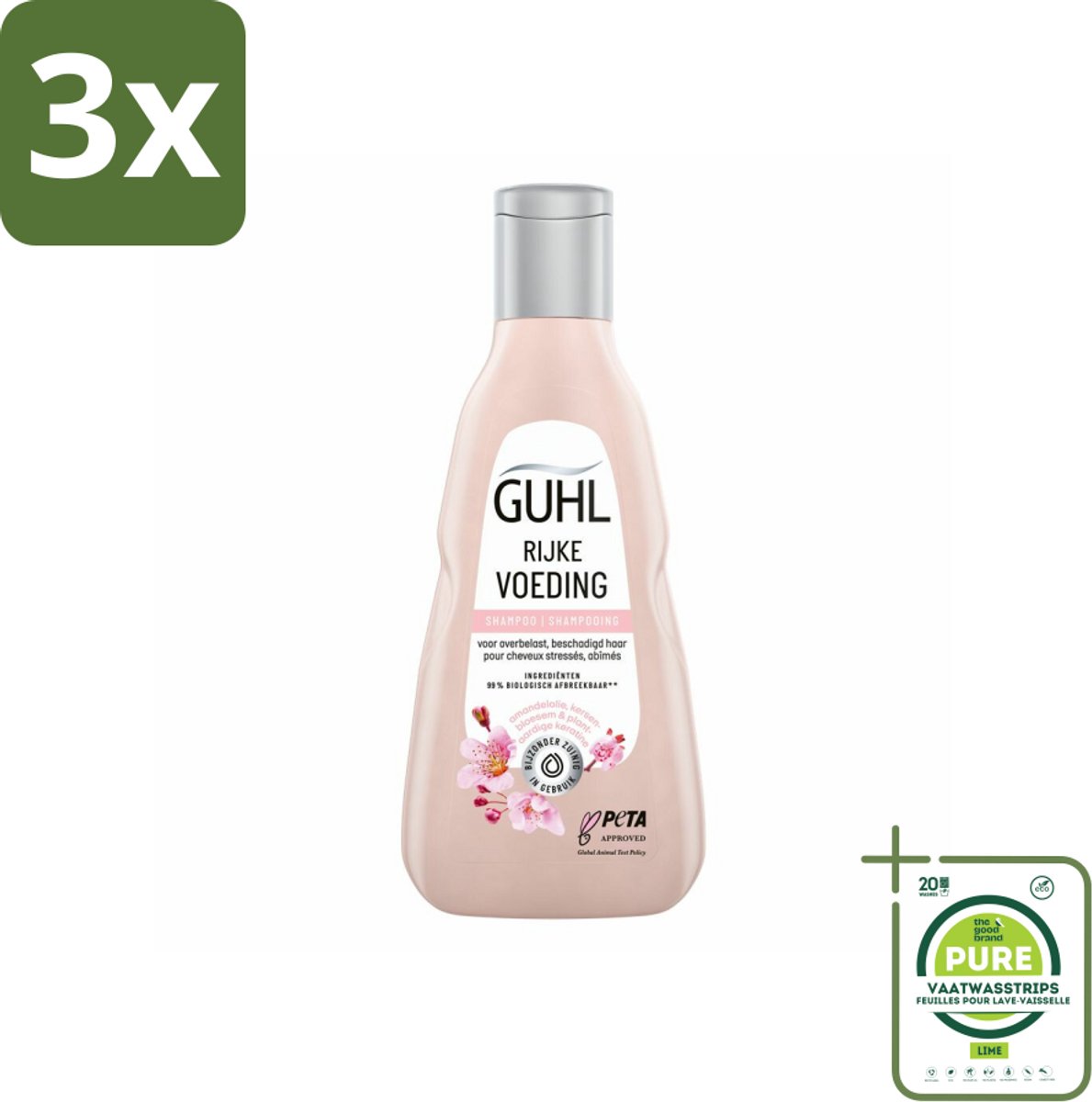 3 x Guhl - Shampoo - Rijke Voeding - 250 ml - Grootverpakking - Droog Haar Shampoo - Voedende Shampoo - Shampoo Voor Droog Haar - Amandelolie Shampoo - Kersenbloesem Shampoo