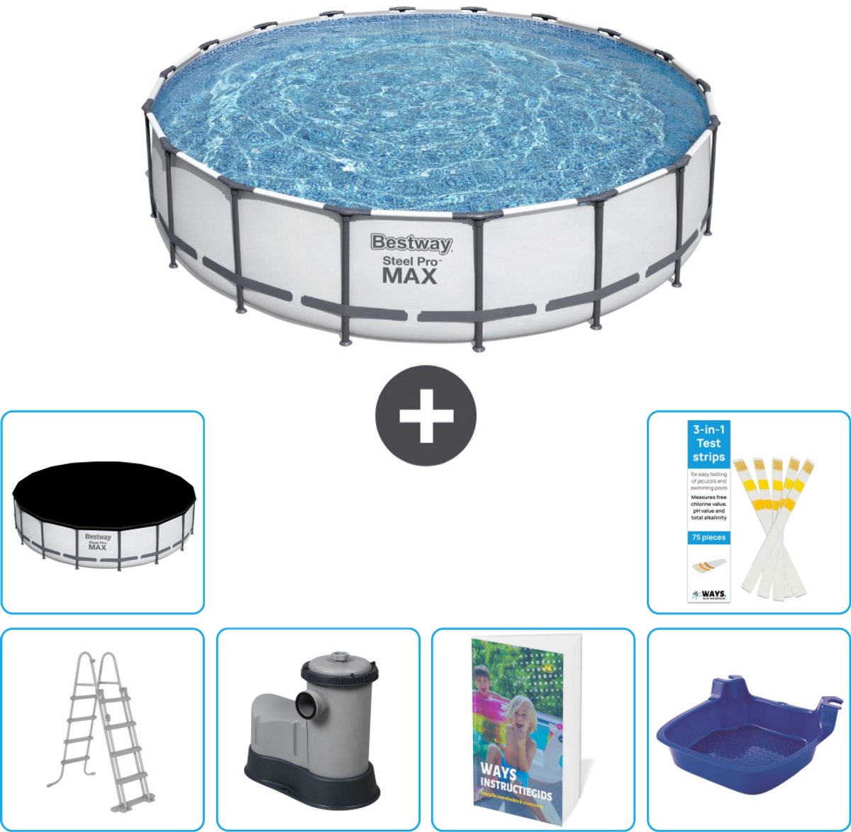 Bestway Rond Steel Pro MAX Zwembad - 549 x 122 cm - Grijs - Inclusief Pomp - Ladder - Afdekzeil - Voetenbad - 7-delig