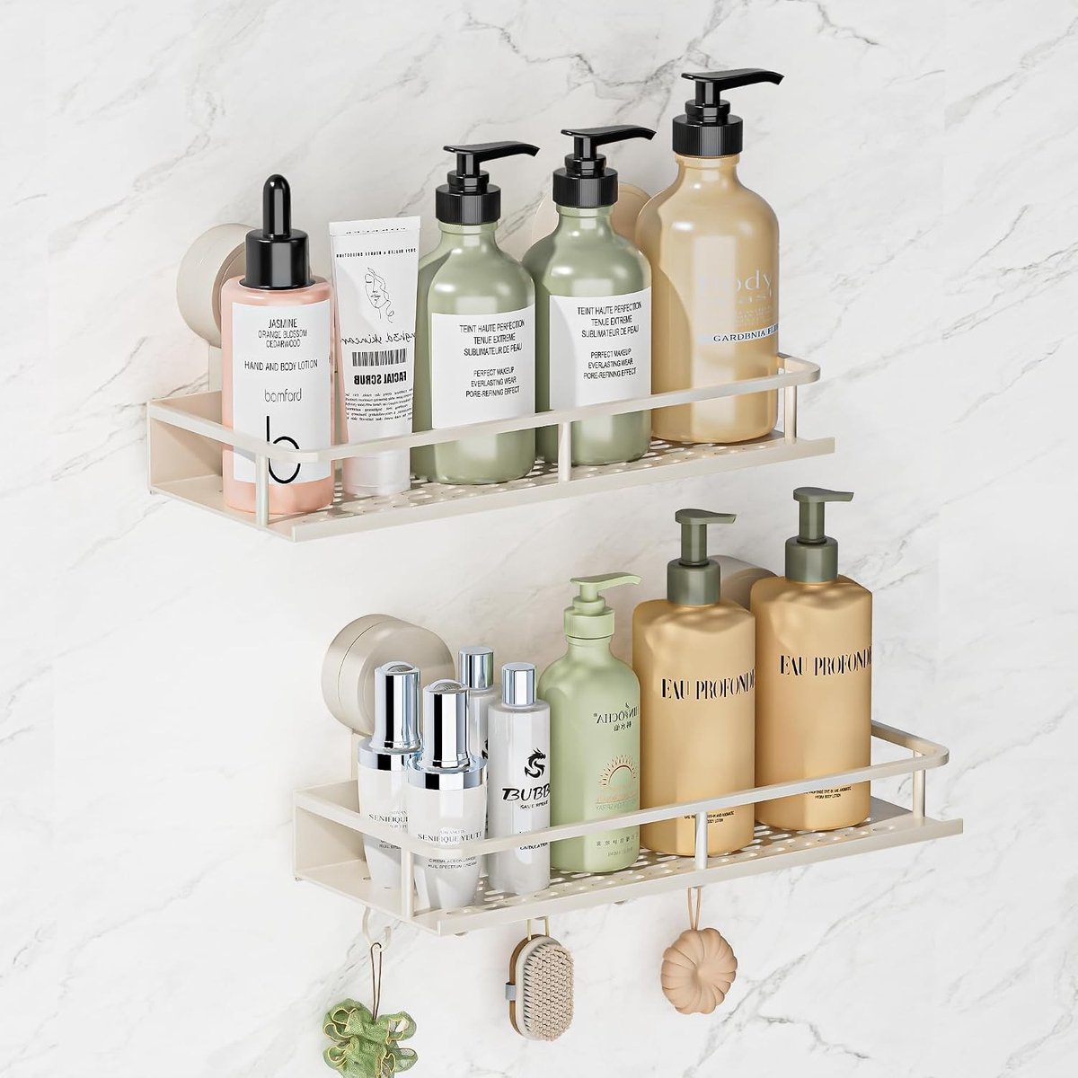 Douche Caddy met Zuignap en 5 Haken, Boorvrij en Waterdicht Badkamerrek voor Shampoo, Conditioner en Zeep - Wit
