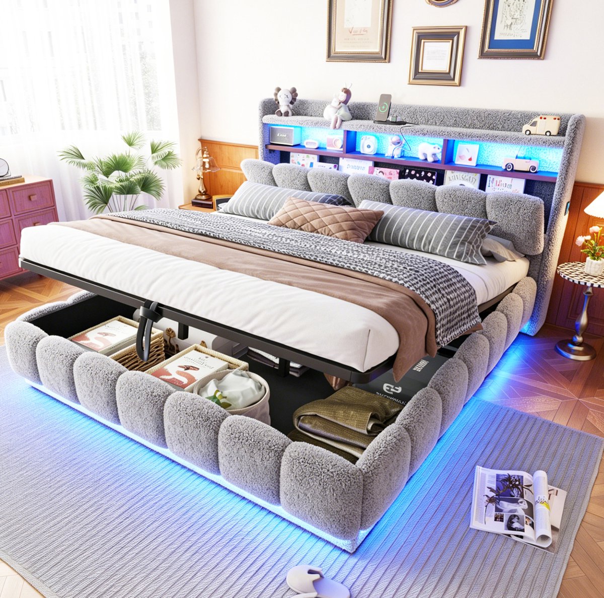 FloraGrace Bed 180x200 cm Normaal Bed Met Hydraulische Opbergruimte En Ledverlichting Usb Aansluiting Metalen Lattenbodem Grijs Zonder Matras