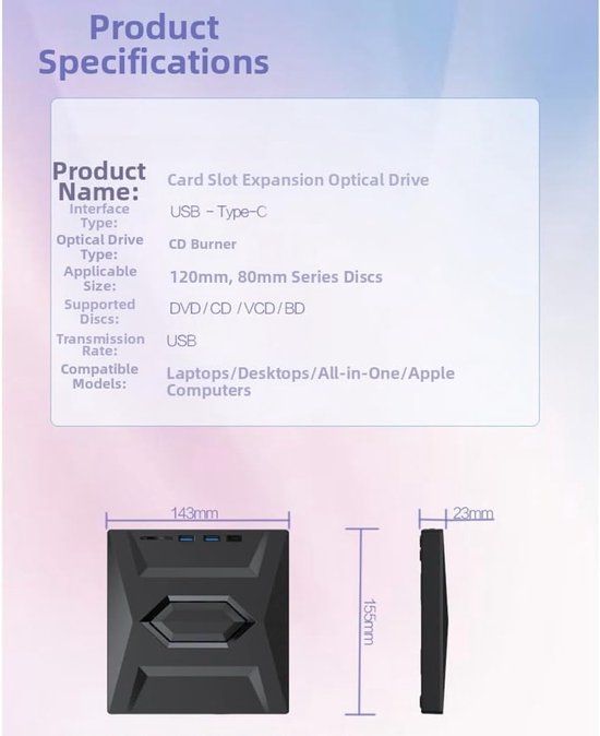 Externe schijf - Optische drive - Data opslag - 7-in-1 hub - 155 mm - Zwart — afbeelding 4