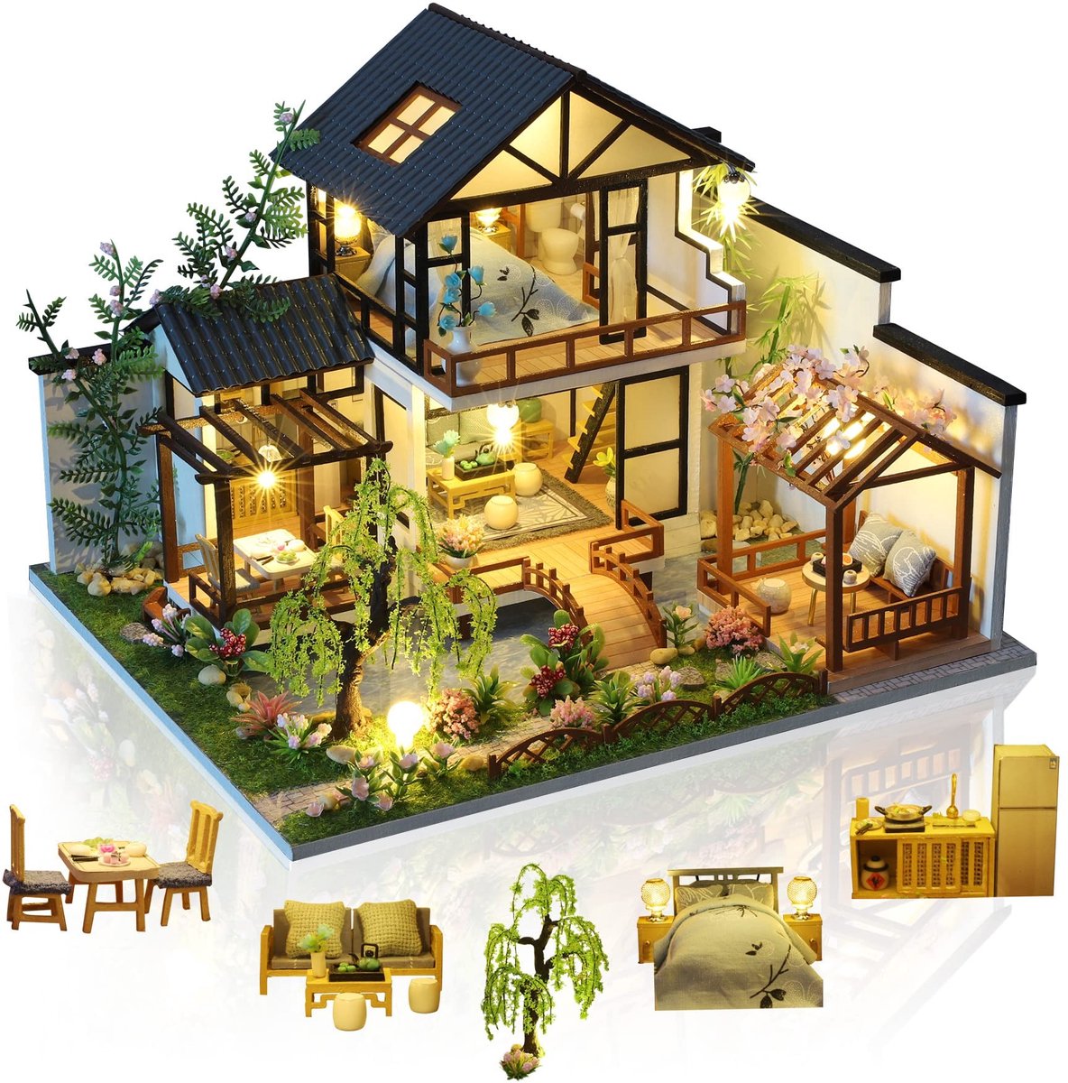 Omgoods - DIY Miniatuur Poppenhuisset - Houten Loft met Meubels en Muziek