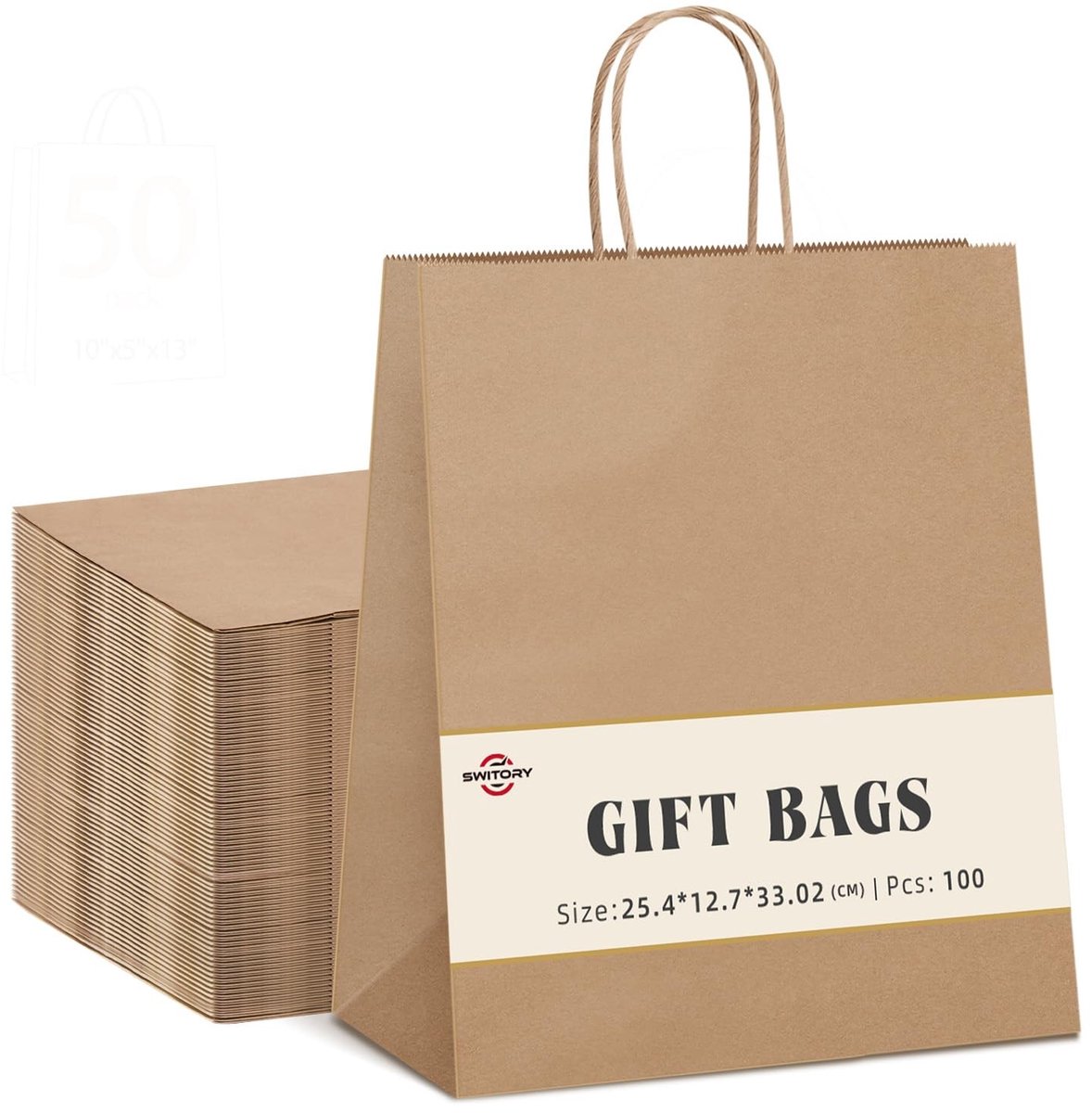 SnelShoppen - 100 Stuks Bruine Papieren Zakken met Handvat 25x12x33 cm - Kleine Cadeauzakjes, Kraftpapieren Draagtassen voor Winkelen, DIY Knutselen,