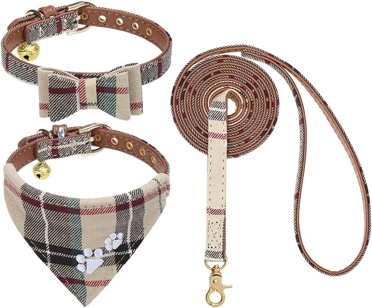 Set hondenhalsband en leiband - klassieke geruite hondenvlinderdas kraag en pootafdruk hond bandana kraag met schattige bel, geen wirwar hondenriem, verstelbare halsbanden voor puppy's