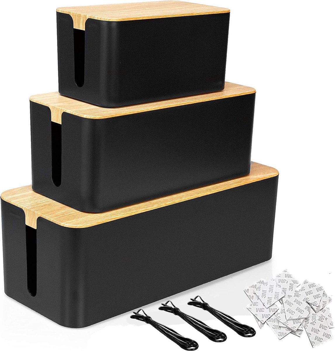 Omgoods - Grote Kabelbox met Bamboe Deksel - Kabelbeheer Set van 3 Stuks