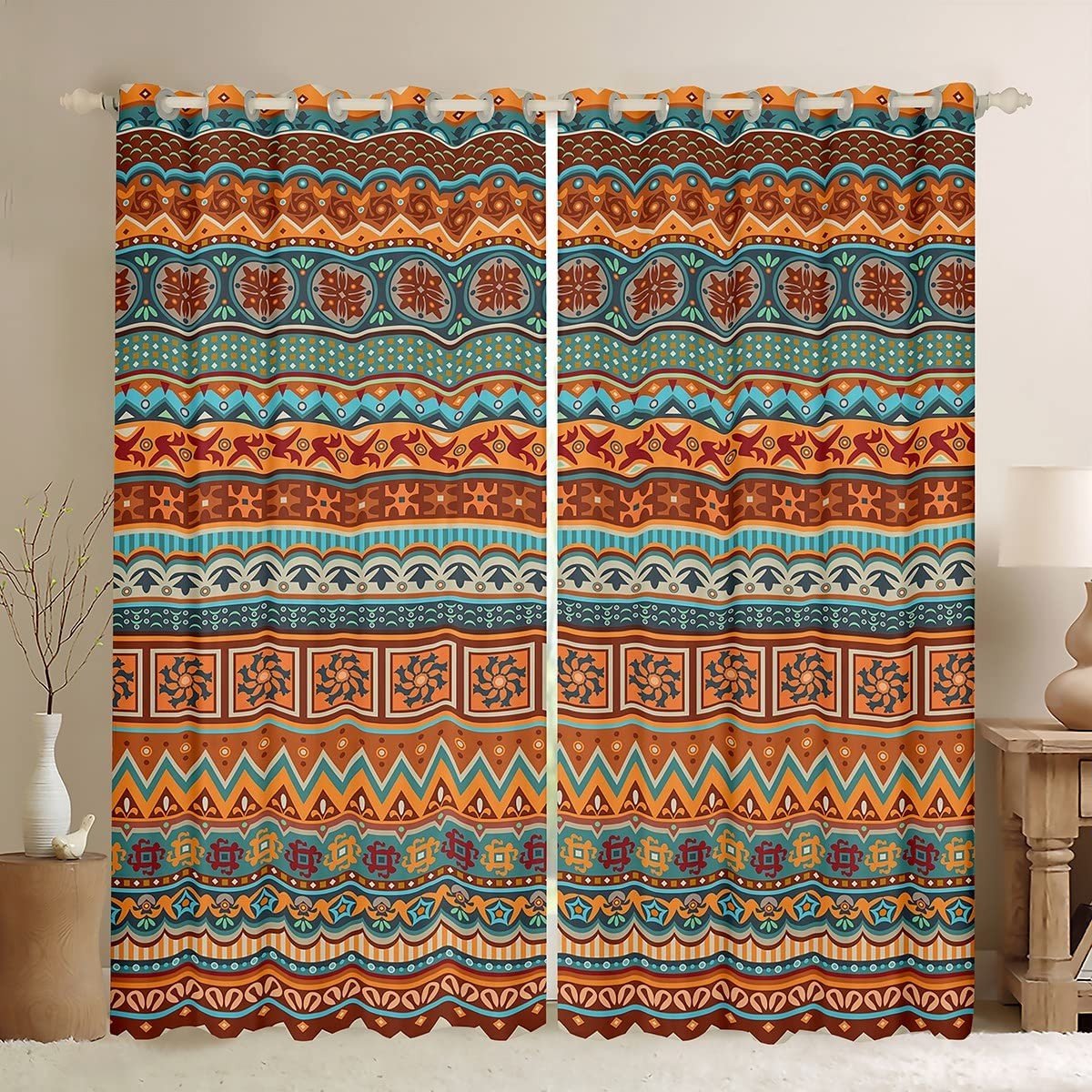 Omgoods - Aztec Boho Verduisteringsgordijnen - Vintage Raamdecoratie 117x137 cm (2 Stuks)