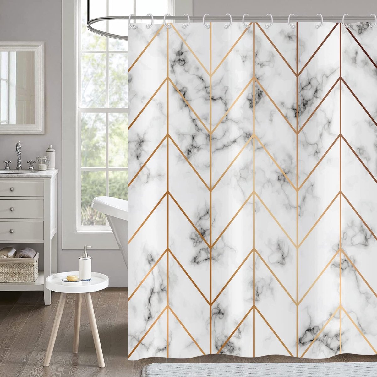 Omgoods - Marmeren Douchegordijn 180x180 cm met Gouden Geometrische Lijnen