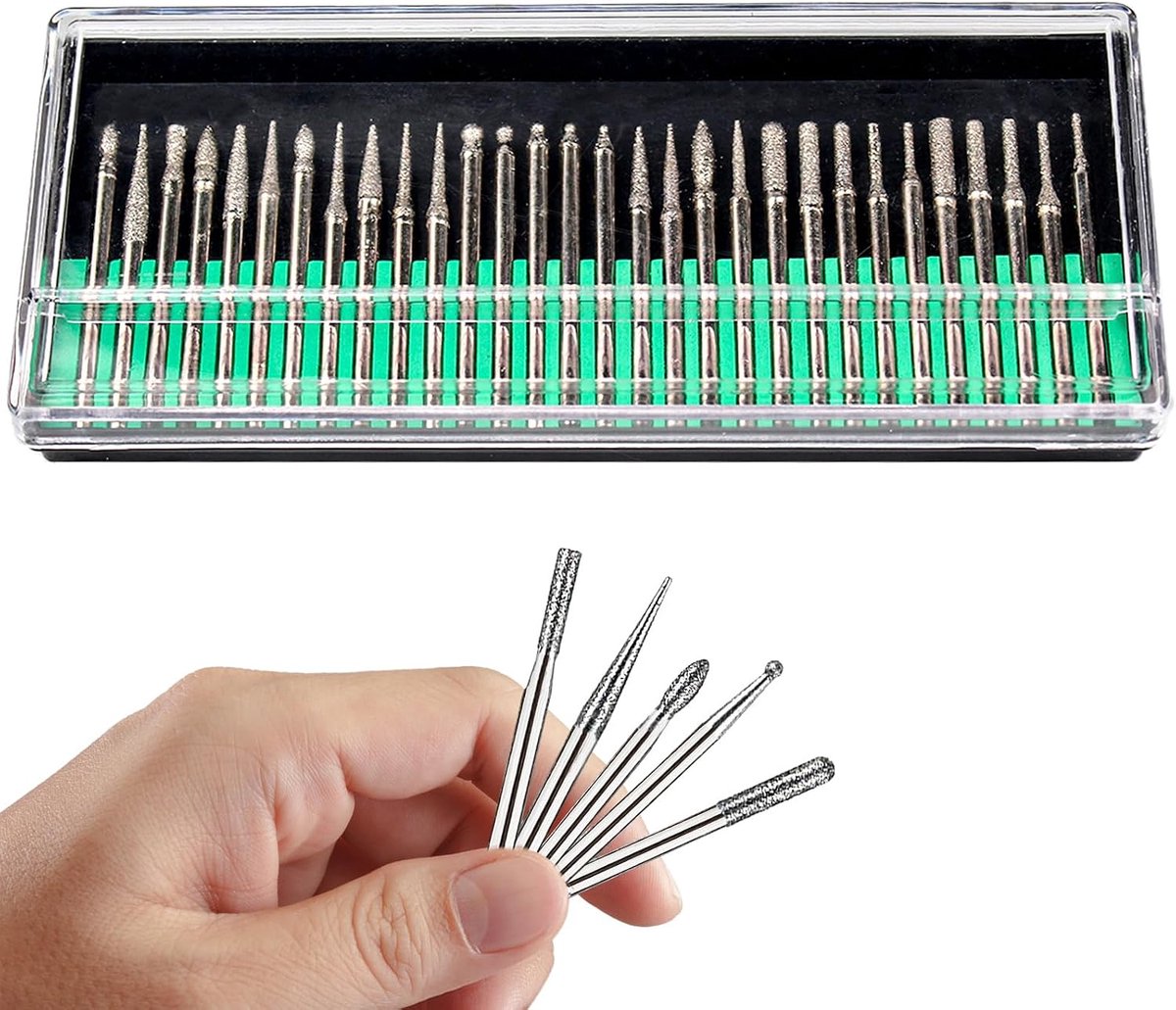 Set van 30 diamantfreesset, roterende diamantfreesset met 3 mm (1/8 inch) schacht, graveerbitset, voor draaigereedschap, knutselen, snijden, polijsten van metaal, boren