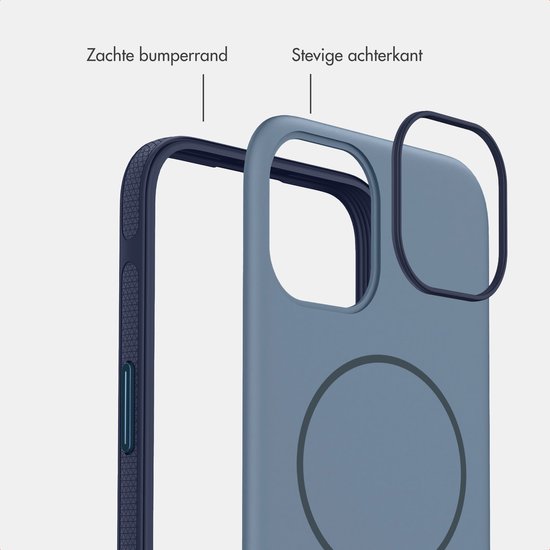 Exploded view van een donkerblauwe telefoonhoes, met zachte bumperrand en stevige achterkant.
