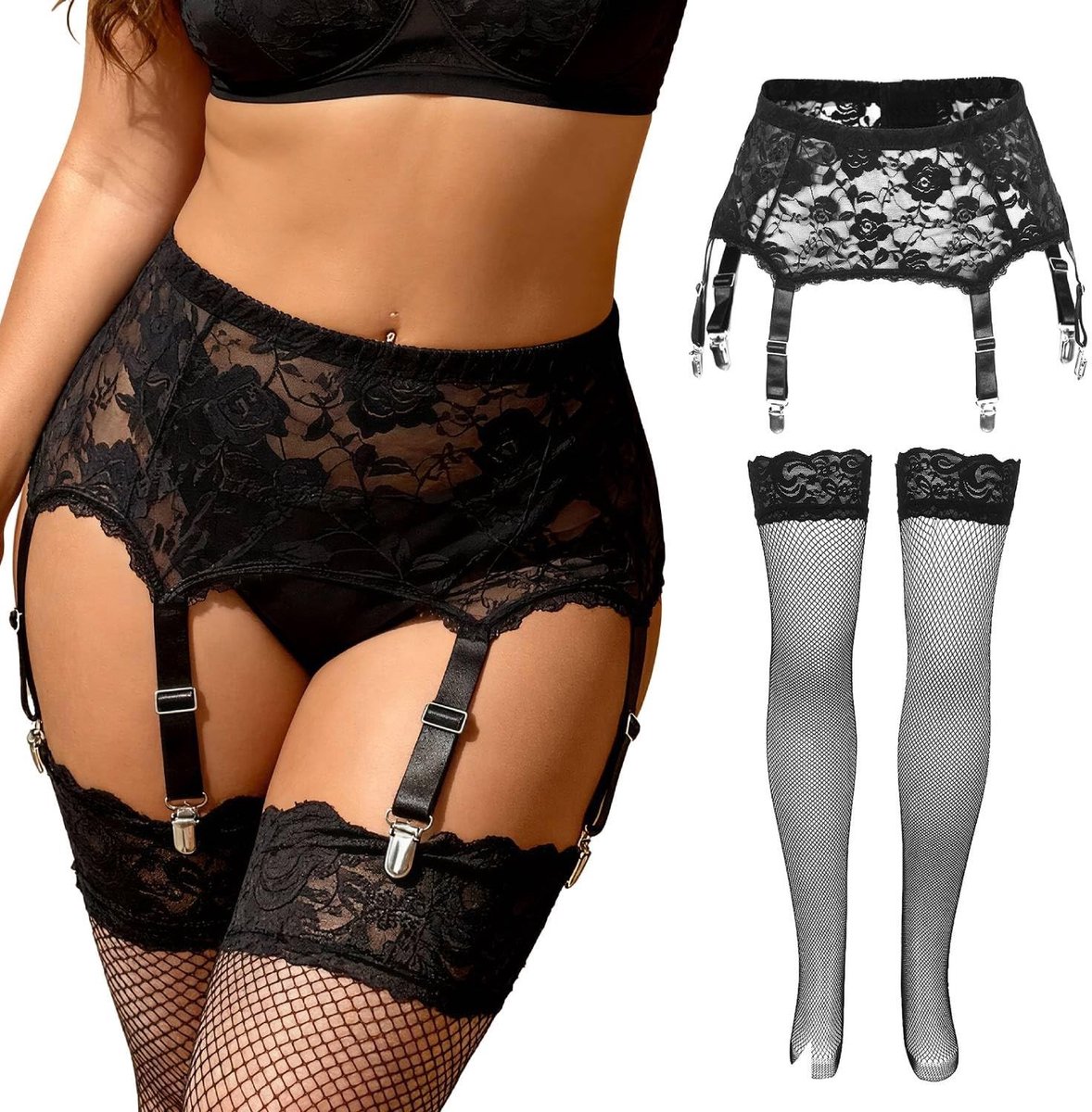 Omgoods - Sexy Lace Garter voor Vrouwen met 6 Verstelbare Clips - Zwarte Lingerie Plus Size