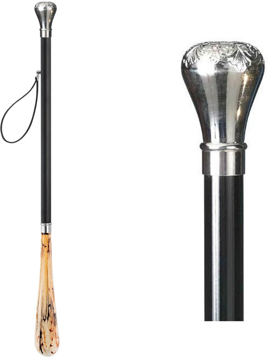 Omgoods - Design Schoenlepel 70 cm - Zwart Houten Steel met Zilveren Knop
