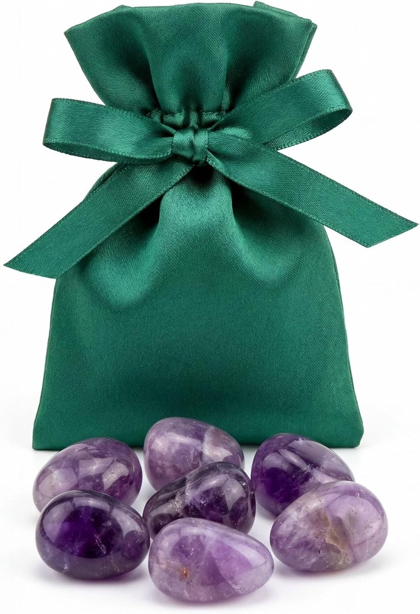 7 natuurstenen nuggets 2-3 cm van rozenkwarts amethist of aventurijn in groen fluwelen zakje, geluksstenen, cadeauset (Amethist)