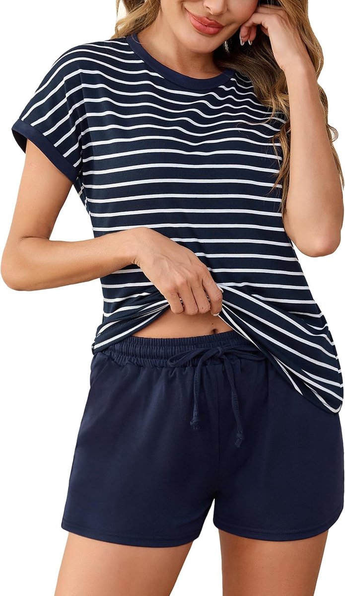 Korte damespyjama voor de zomer, van katoen, pyjamaset, gestreepte T-shirts en korte broek, met zakken en trekkoord, zacht en comfortabel
