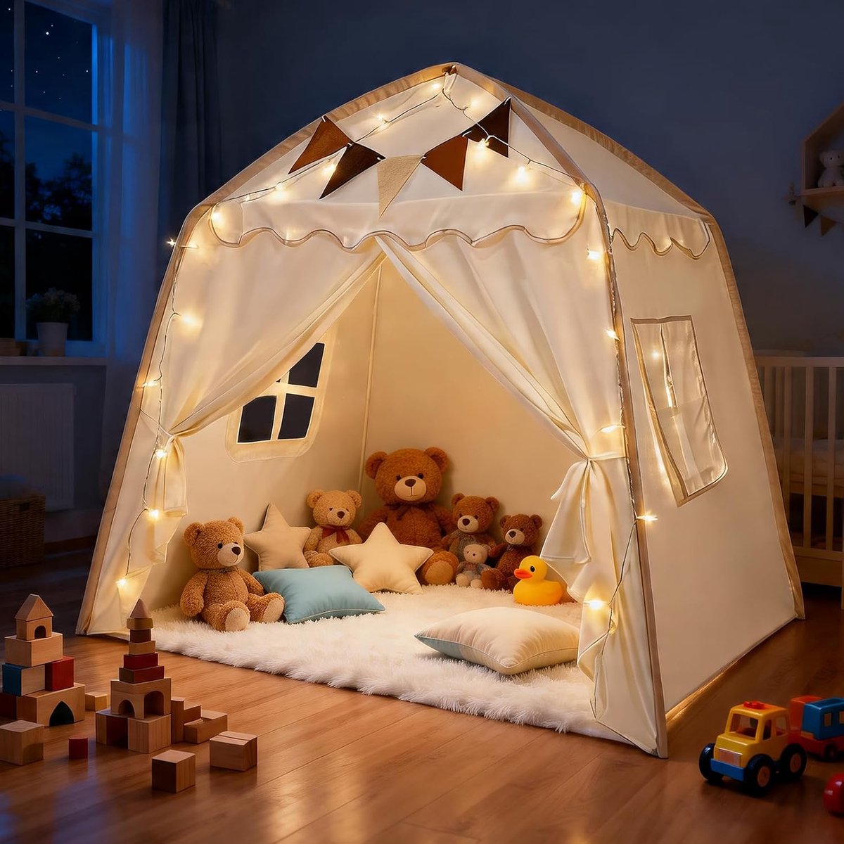 Kindertent voor binnen, 130 x 100 x 130 cm, tent kinderkamer met lichtslinger, wimpelslinger, speeltent, decoratie vanaf 3 jaar, tent voor kinderen, tipi, speelhuis, kindertent voor binnen, prinses