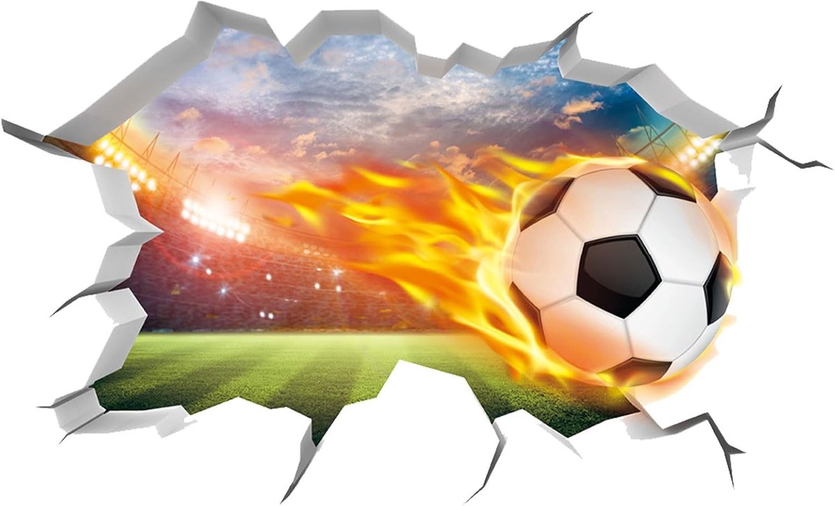 Muurstickers gescheurd papier vuur voetbal muurstickers coole sport muurkunst groot voetbal behang vinyl voor tiener kinderen jongens slaapkamer speelkamer (87 × 53 cm)