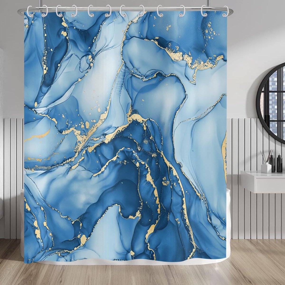 Omgoods - Abstract Marmer Douchegordijn 180 x 200 cm in Blauw en Goud
