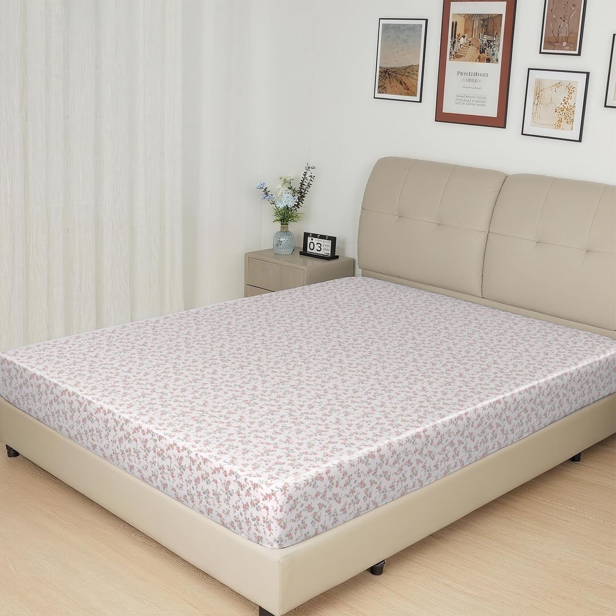 Omgoods - Lirex Satin Fitted Sheet - Luxe Polyester Satijn, 135x190x36 cm, Roze Bloemen